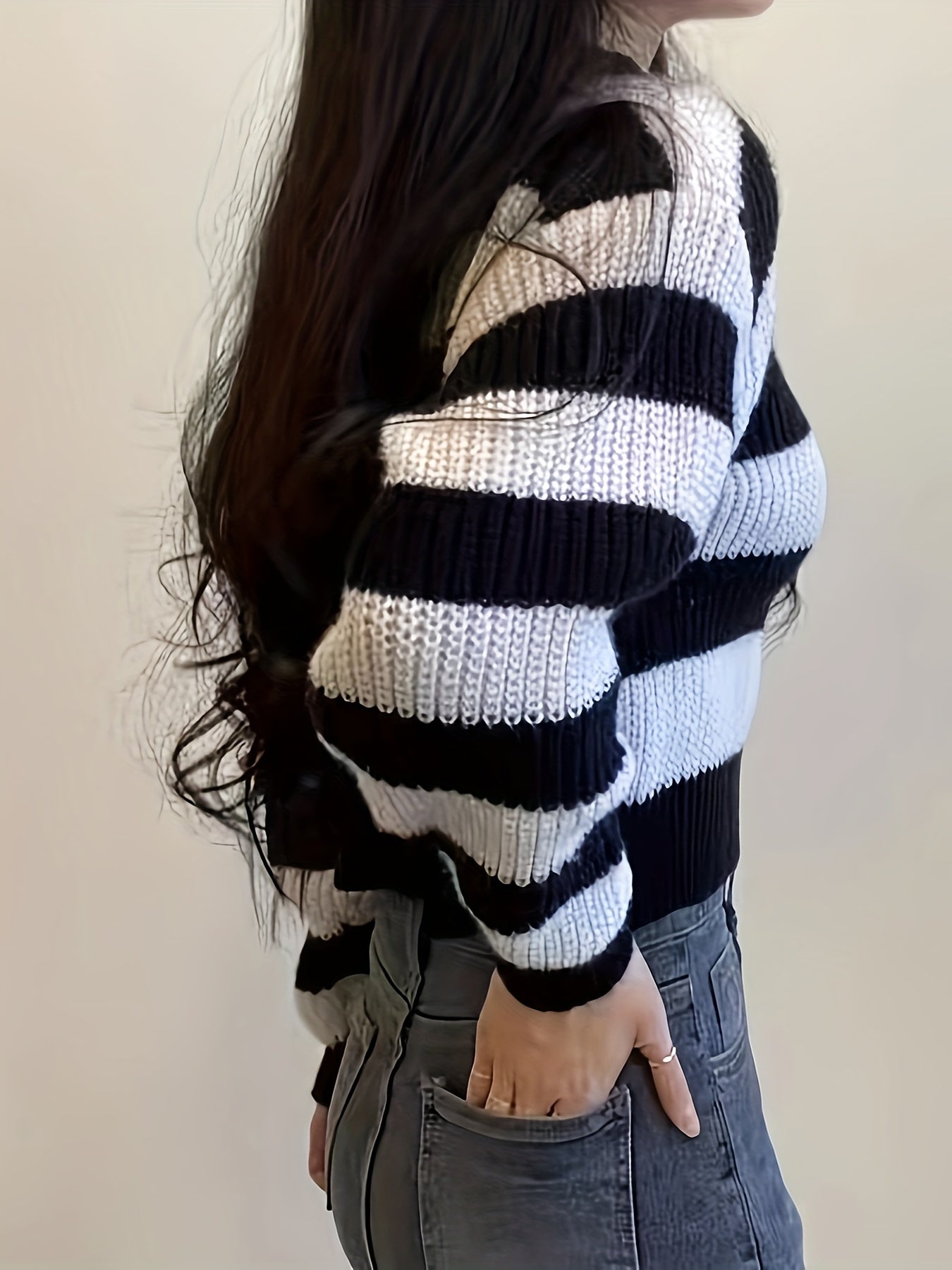 Women's Striped Long Sleeve Sweater - Casual Loose Fit, Black and White Knit Pullover for Fall, Soft Polyester Blend, Spring Summer Apparel|Horizontally Striped|Knit Texture